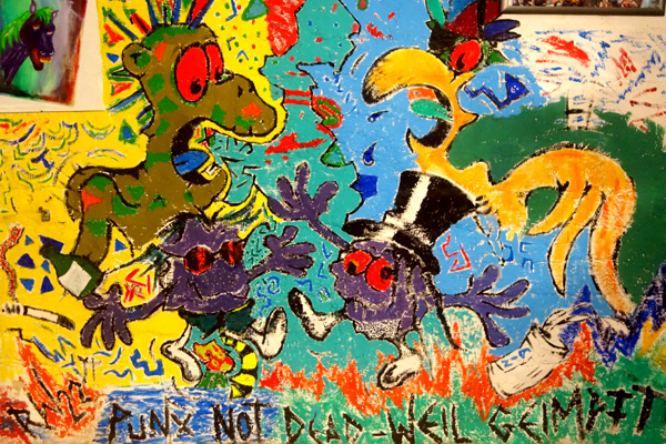 Die Gaulcrew als Comic an die Wand gemalt